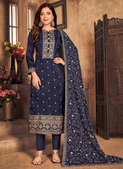 Designer Navy Blue Silk Pant Style Suit with Beautiful Dori Embroidery
