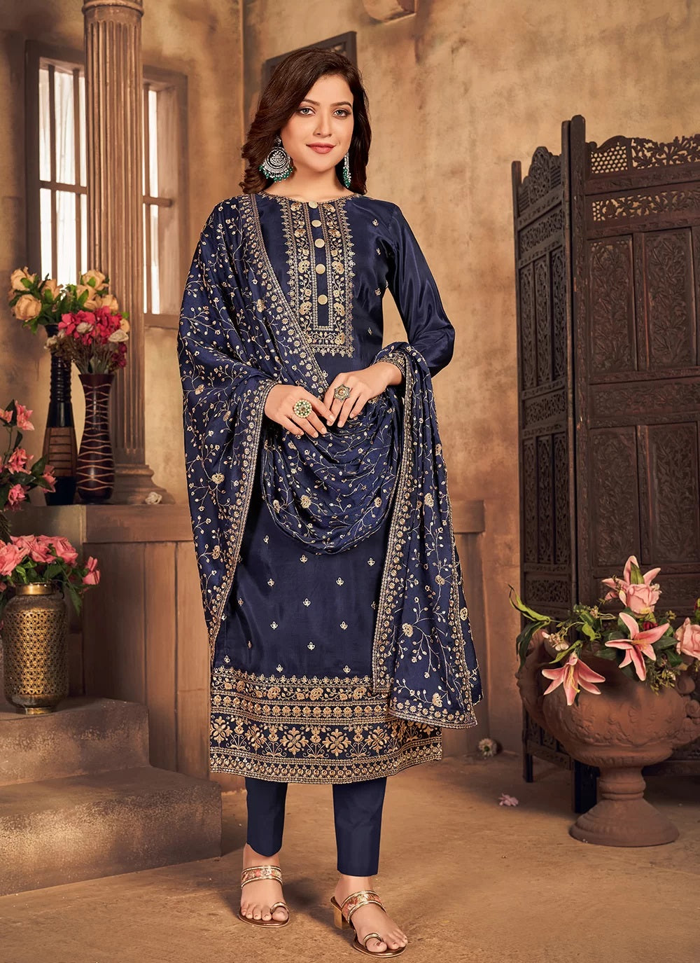 Designer Navy Blue Silk Pant Style Suit with Beautiful Dori Embroidery
