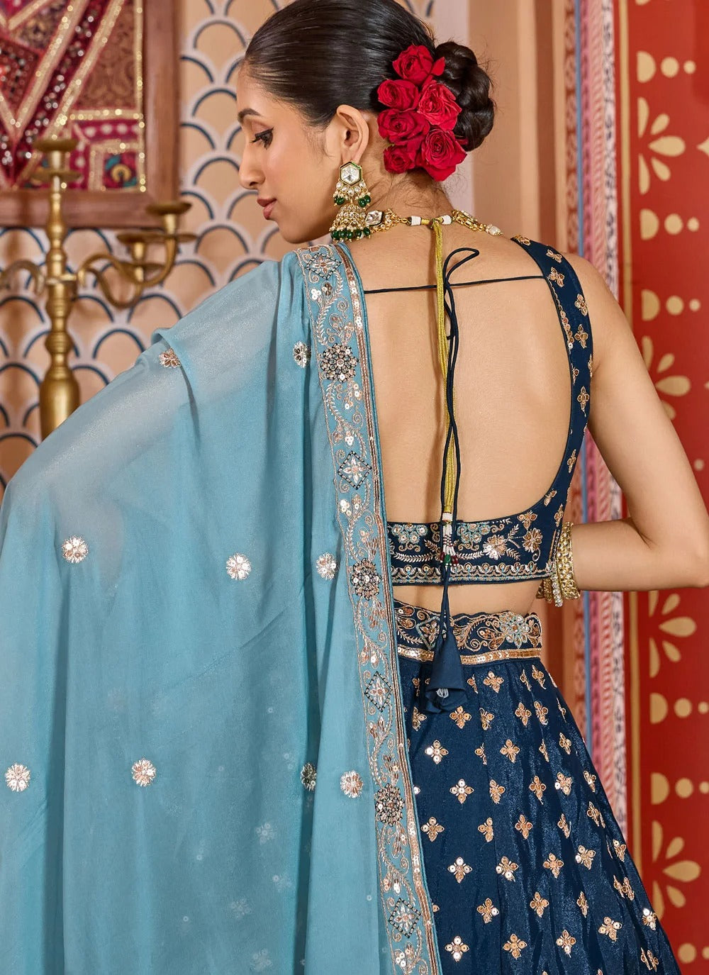 Navy Blue Bridesmaid Lehenga with Lavender Tissue Silk Dupatta