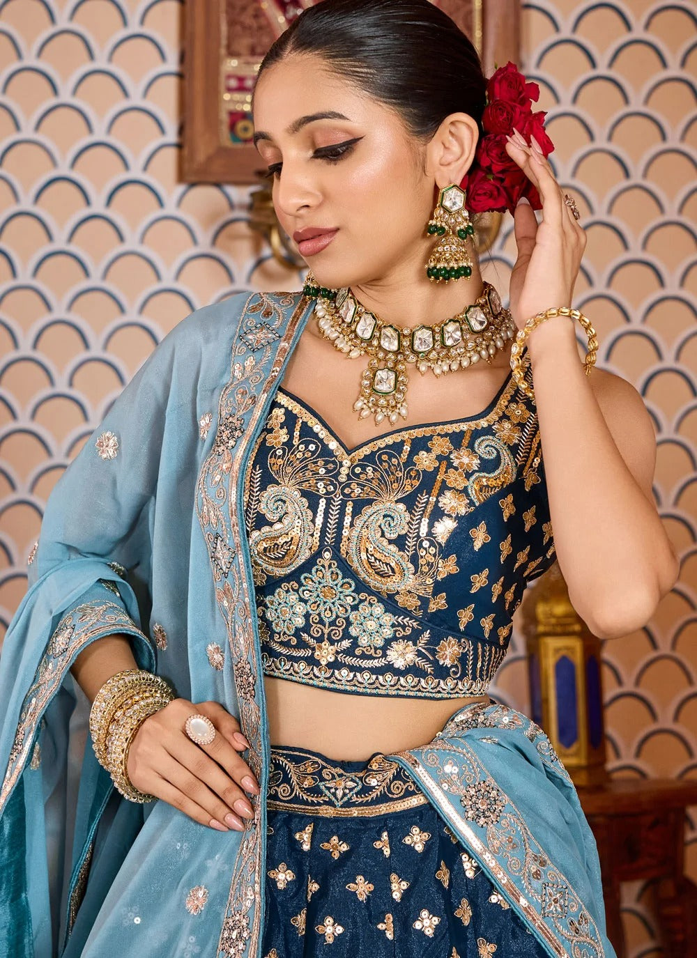 Designer Navy Blue Reception Wear Lehenga for Women