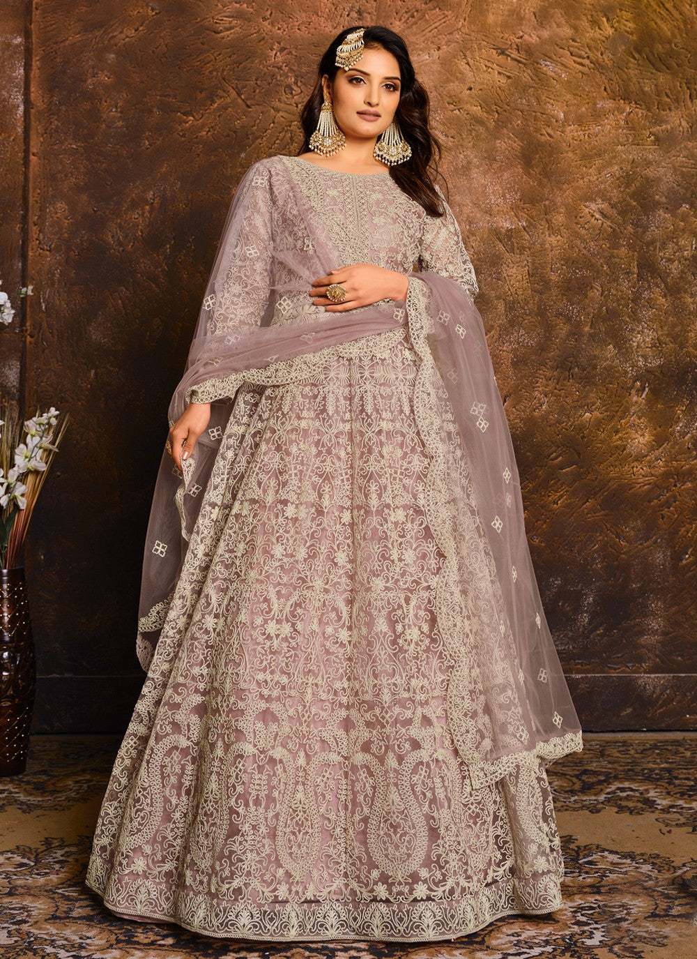 Designer Net Anarkali Salwar Suit In Lavender