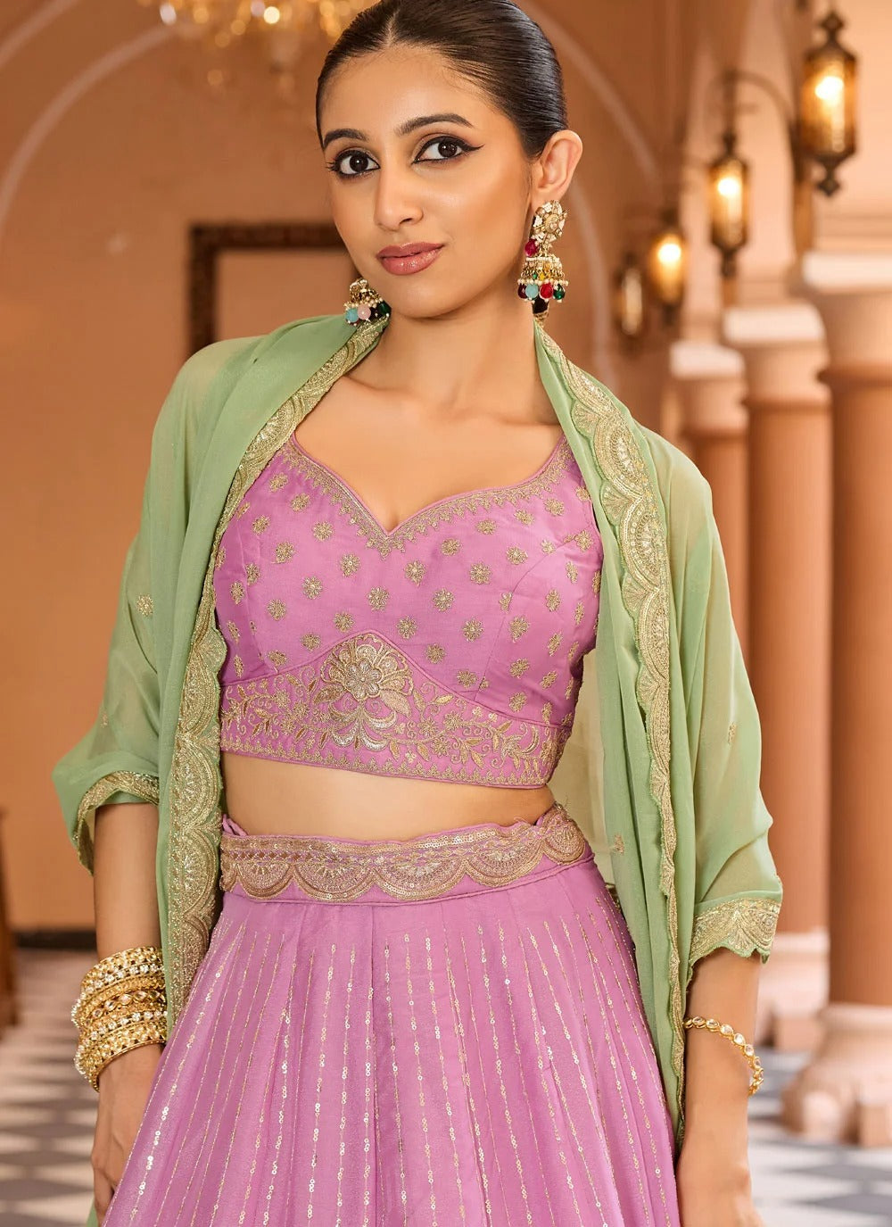Designer pink engagement lehenga with lime green dupatta