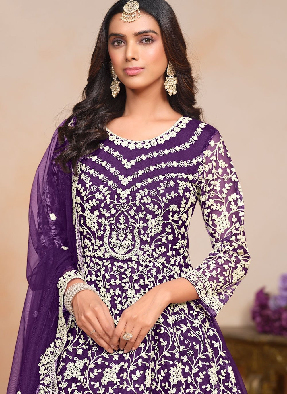 Dark purple festive Anarkali suit with embroidery work