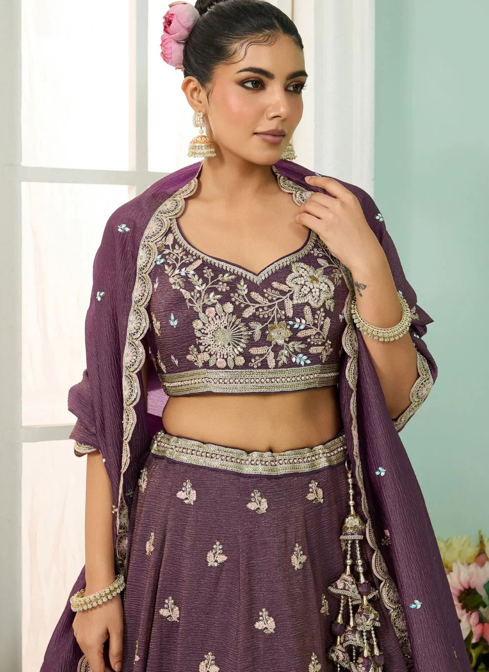 Purple tissue embroidered lehenga choli for weddings