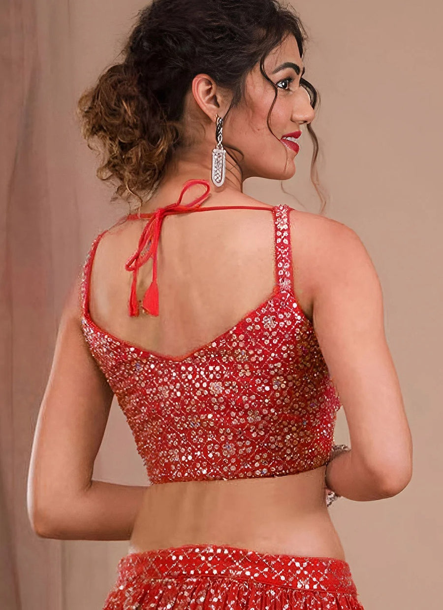 Red Georgette Wedding Guest Lehenga with Zari & Sequins Embroidery