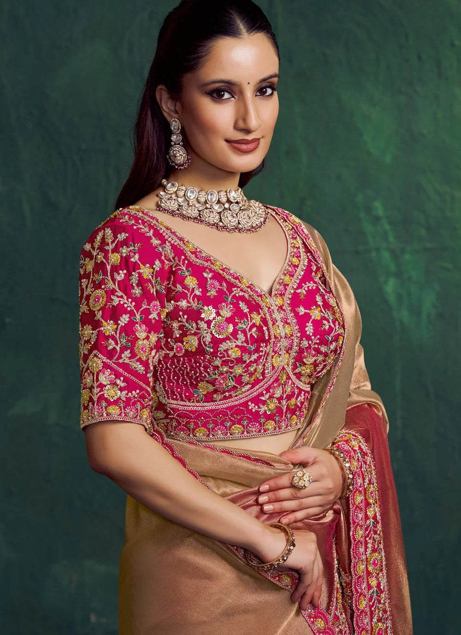 rose gold designer party wear saree in kora zari tissue silk