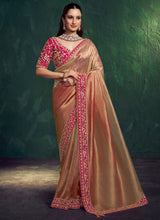 Designer Rose Gold Party Wear Saree in Kora Zari Tissue Silk