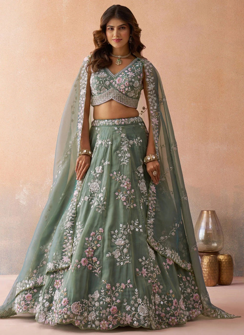 Designer Sea Green Engagement Lehenga with Sequins Embroidery