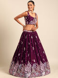 Designer Sequins Work Poly Georgette Burgundy Lehenga For Bridesmaid