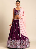 Designer Sequins Work Poly Georgette Burgundy Lehenga For Bridesmaid