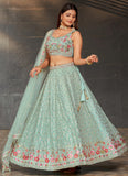 Designer Sky Blue Georgette Lehenga With Sequins, Zari, Mirror Work