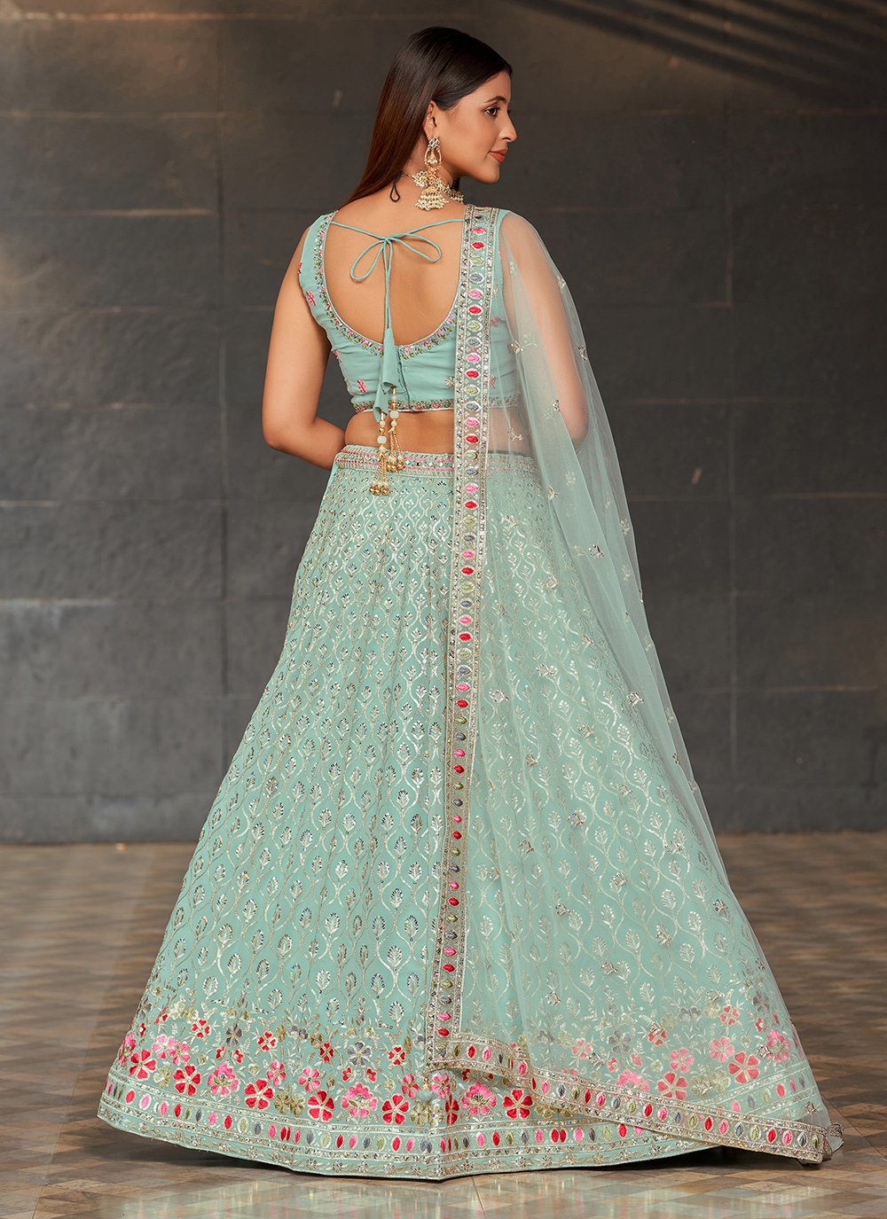 Designer Sky Blue Georgette Lehenga With Sequins, Zari, Mirror Work