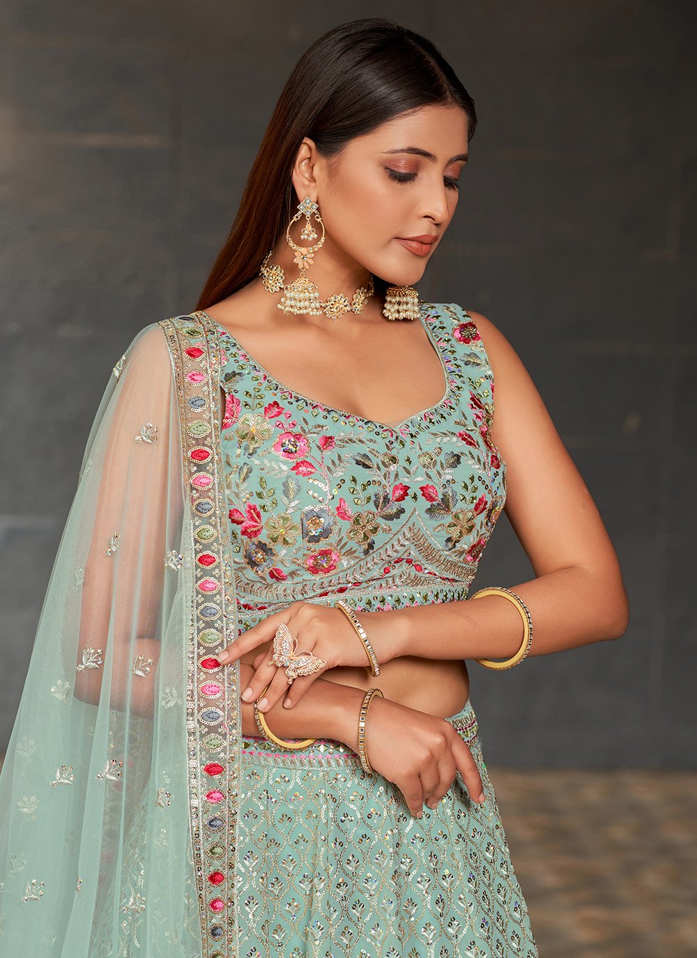 Designer Sky Blue Georgette Lehenga With Sequins, Zari, Mirror Work