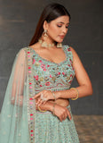 Designer Sky Blue Georgette Lehenga With Sequins, Zari, Mirror Work