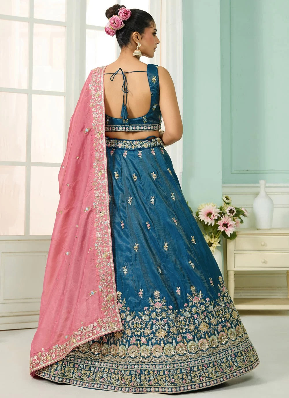 Majestic teal cosmos silk lehenga with sequin & beads embroidery