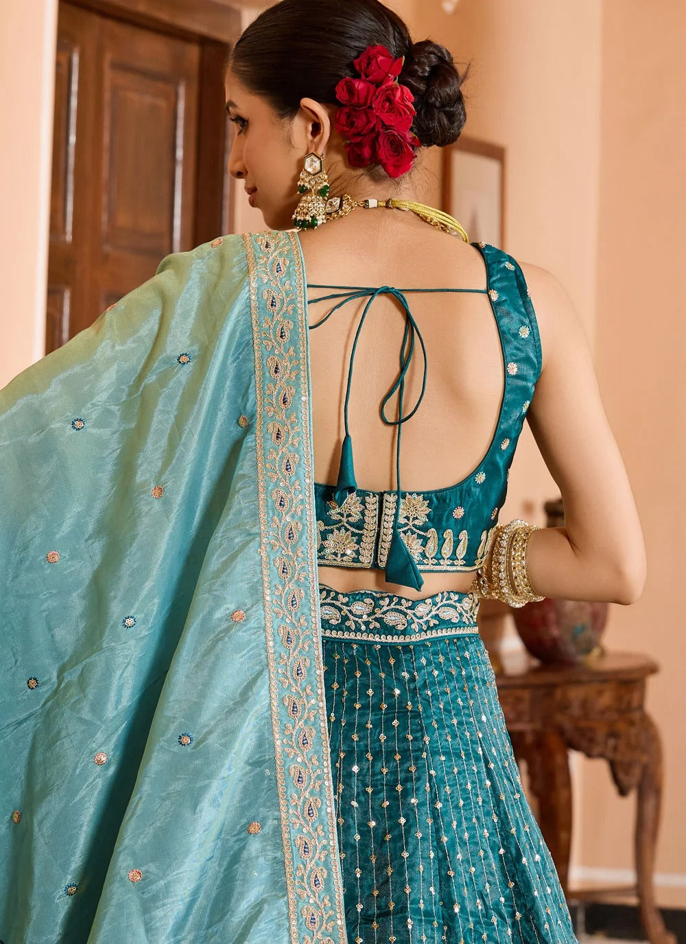 Designer teal wedding guest lehenga for women