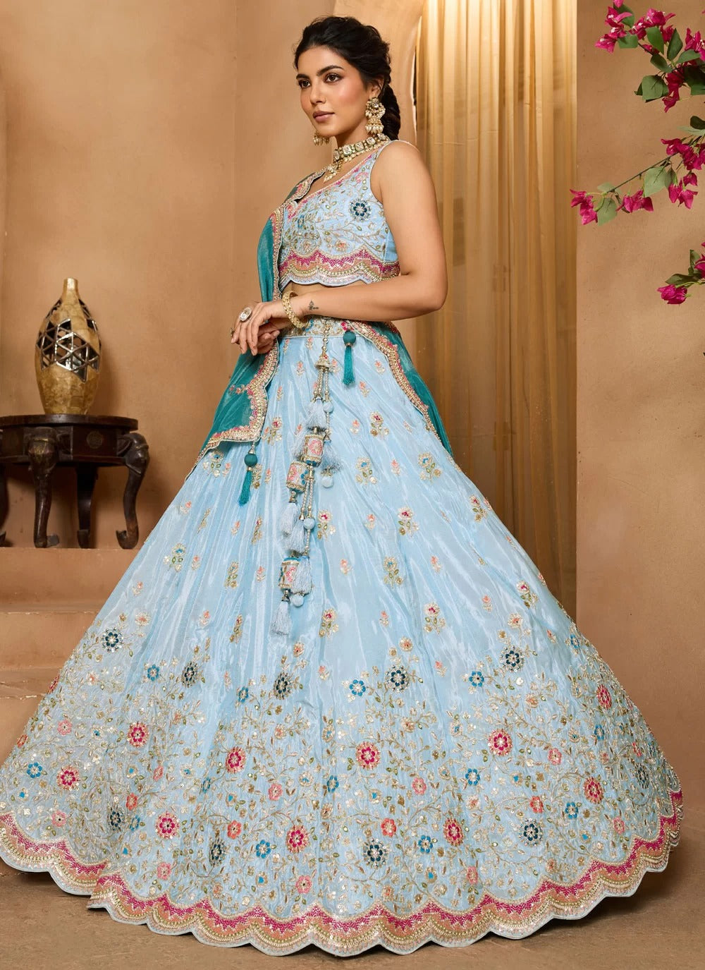 Turquoise Blue Tissue Party Wear Lehenga with Sequin Embroidery