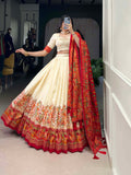 Off White Color Printed Foil Work Tussar Silk Lehenga Choli