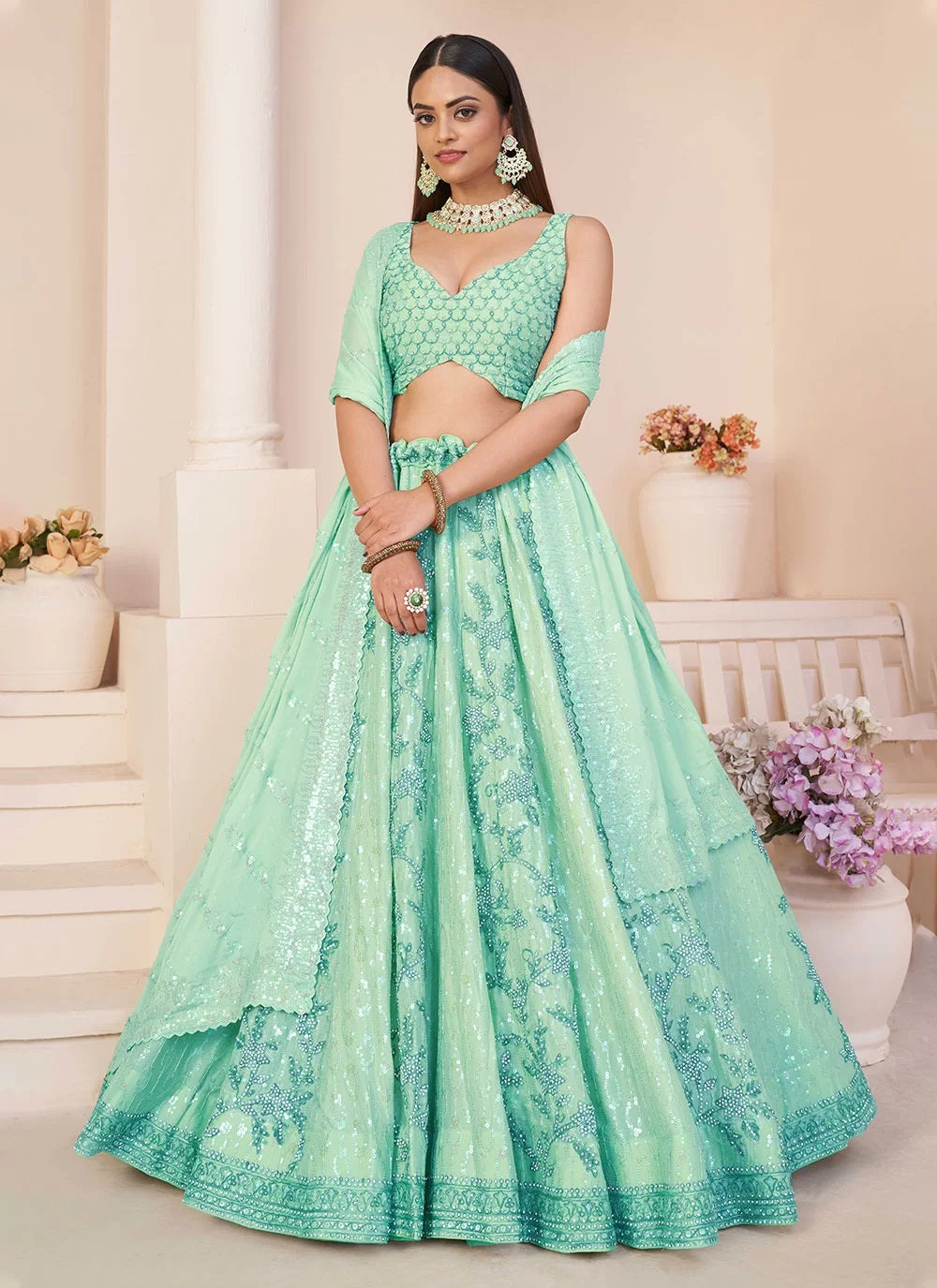 Designer Wedding Wear Georgette Lehenga Choli In Turquoise