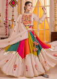 Traditional beige mirror work chaniya choli with tassel dupatta
