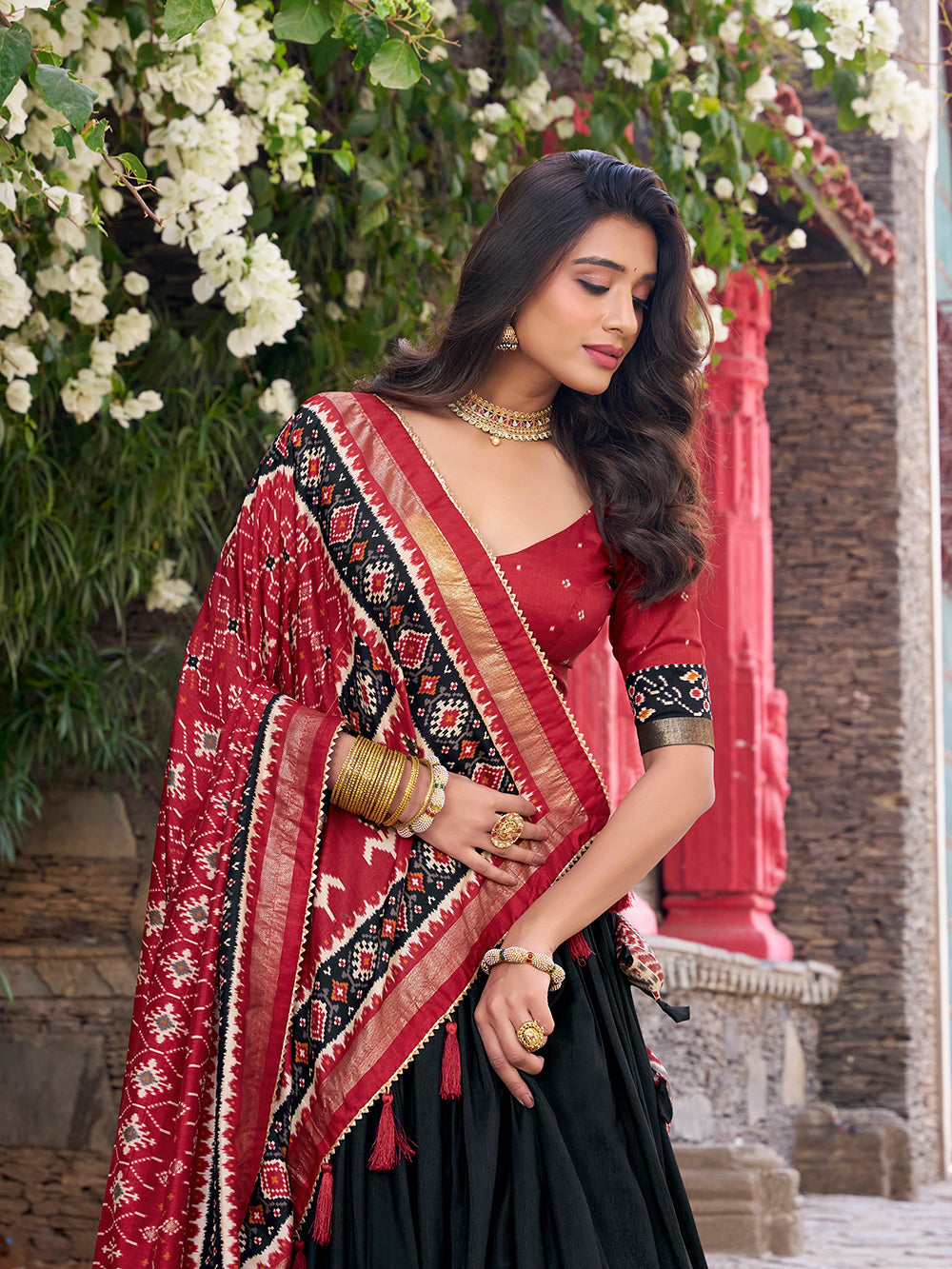 Festive black Tasar silk lehenga choli