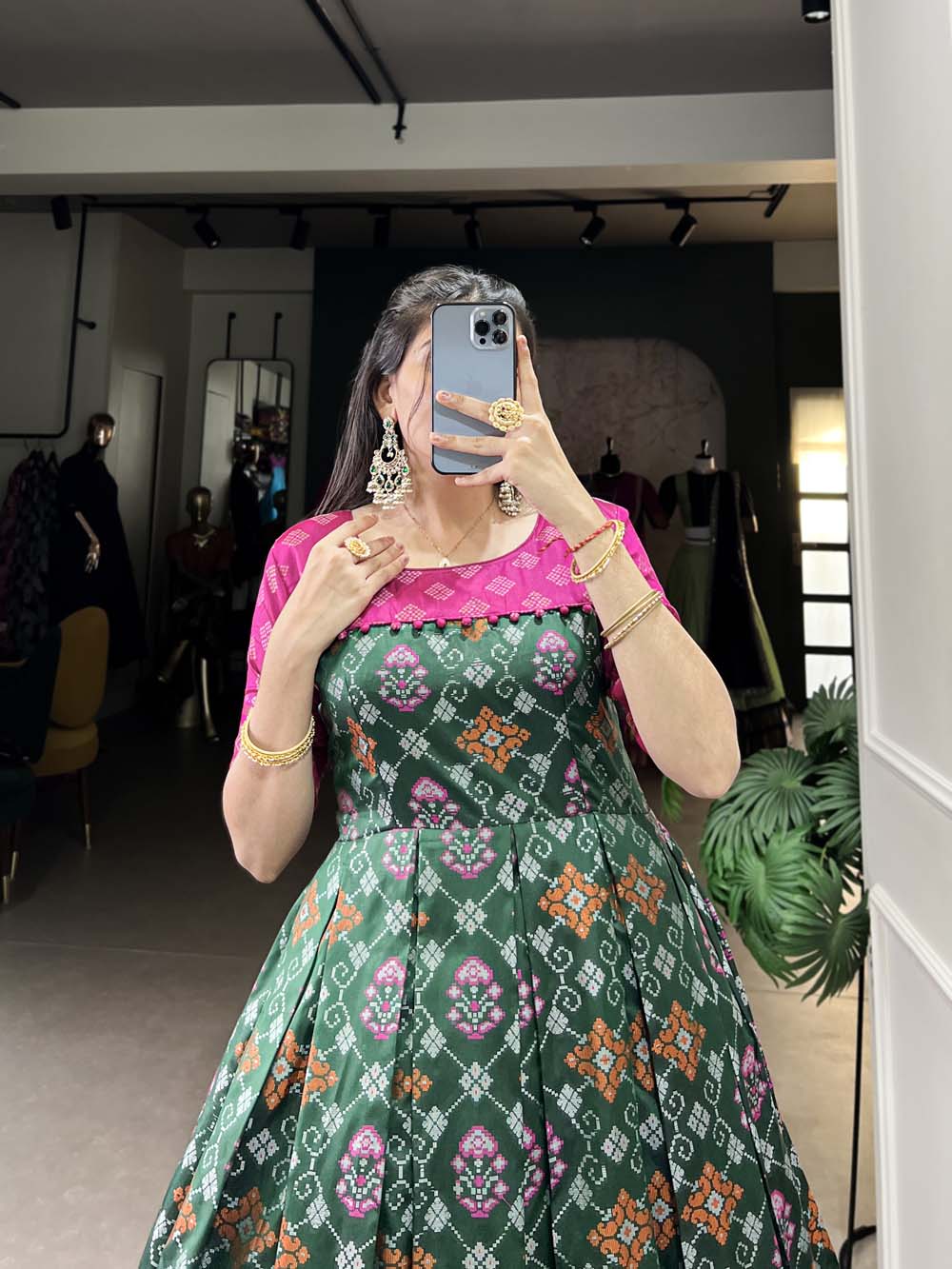 Green Color Jacquard Silk Patola Print With Zari Weaving Work Gown