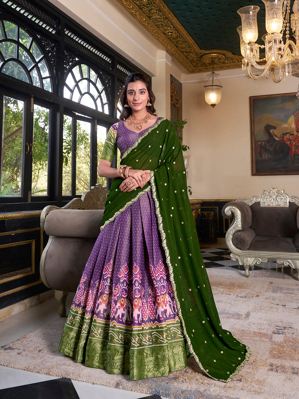 Purple Color Printed With Zari Weaving Work Kanchipuram Lehenga Choli