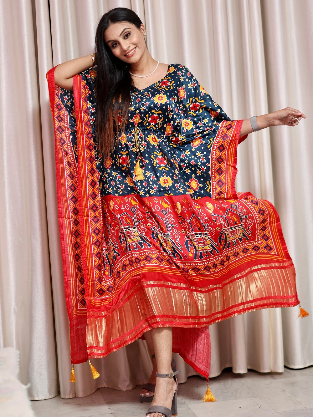 Multi Color Bandhani Printed Pure Gaji Silk Kaftan