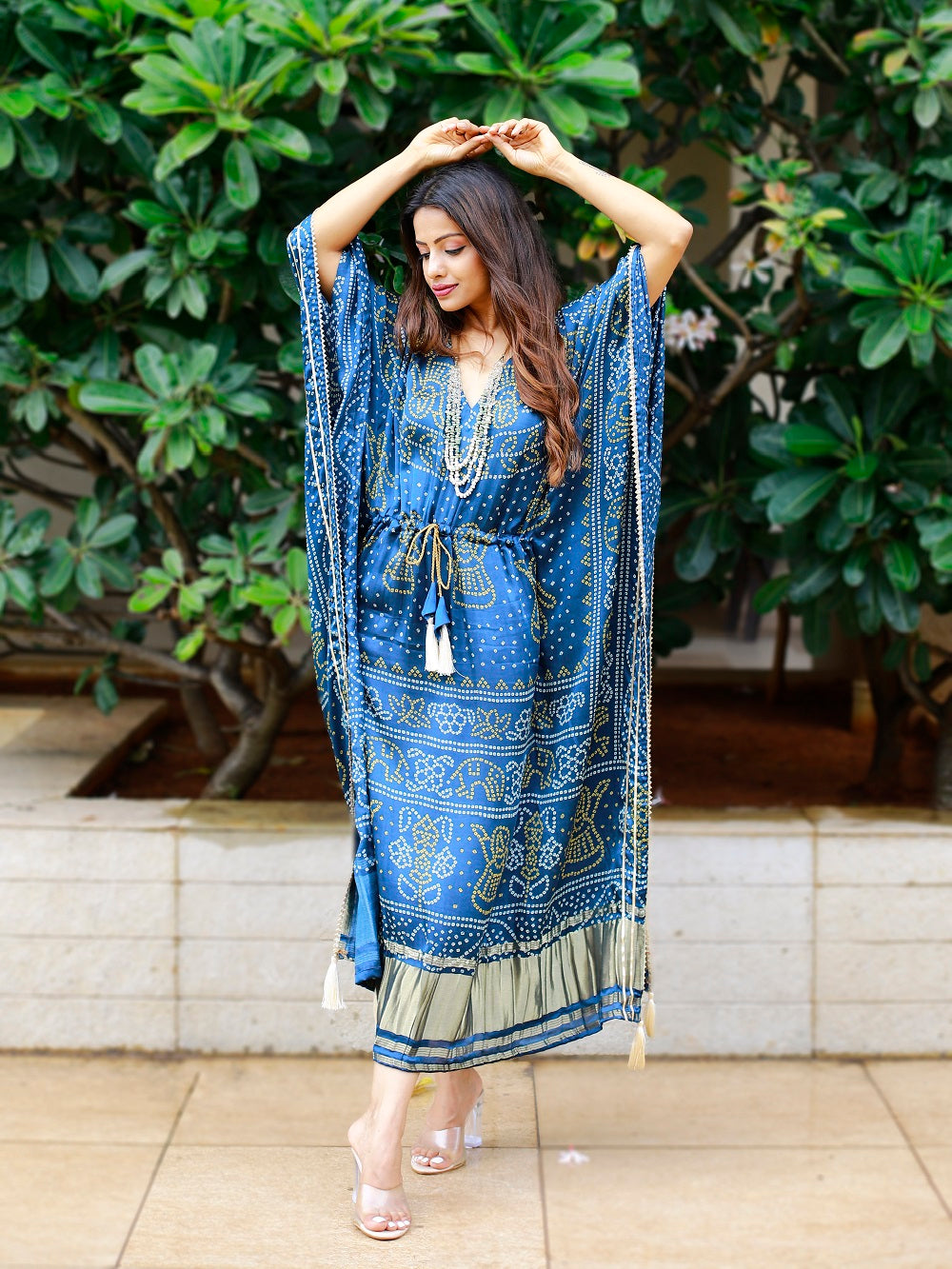 Navy Blue Color Digital Bandhej Printed Pure Gaji Silk Kaftan