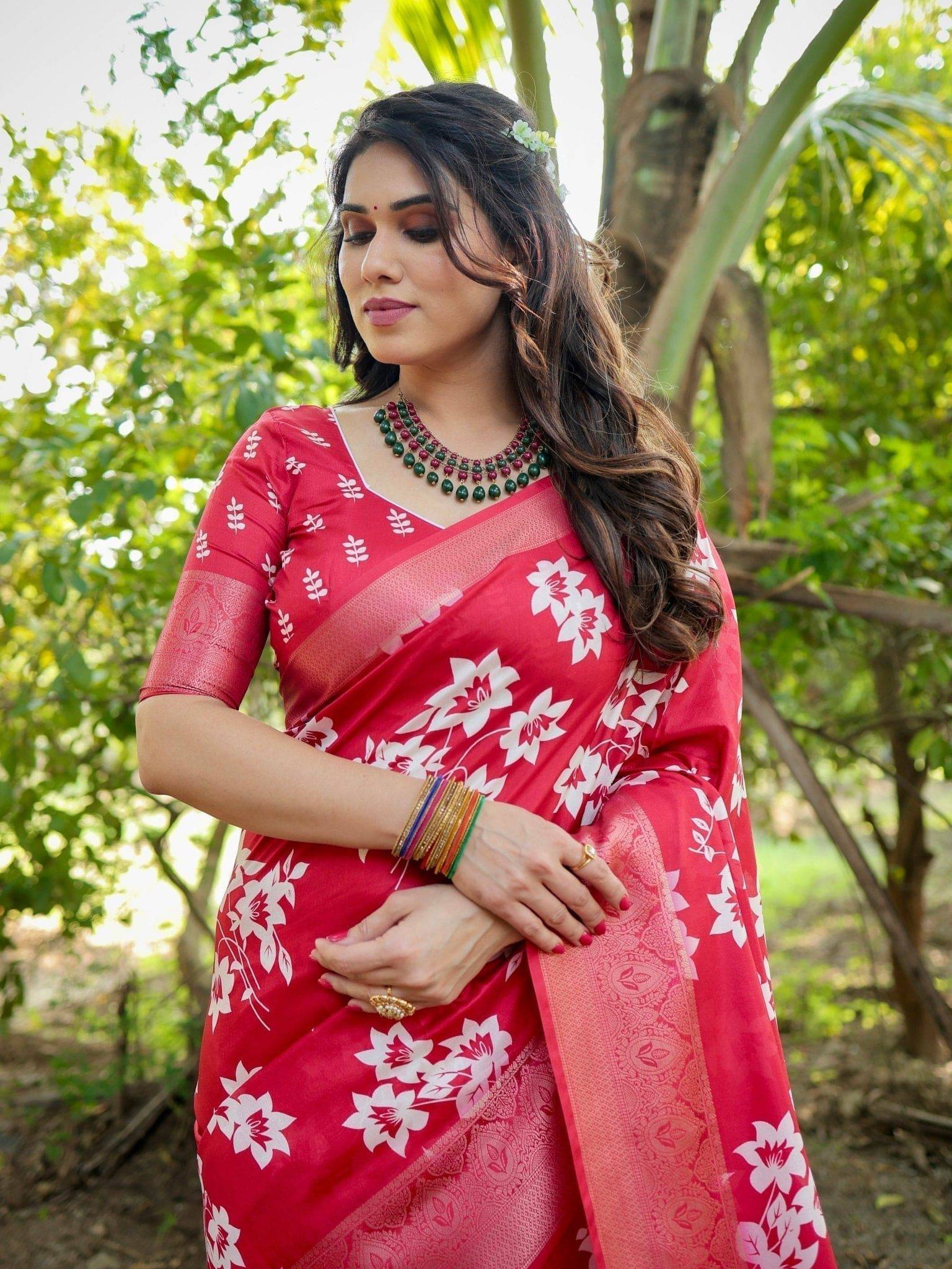 Graceful Red Tussar Silk Saree with White Floral Print, Zari Border & Tassel Pallu
