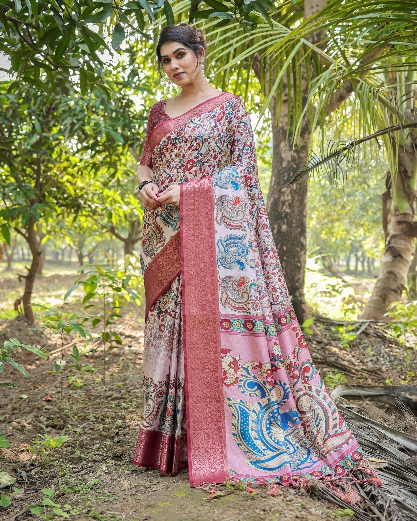 Blush Pink Pure Tussar Silk Saree with Zari Woven Maroon Border and Digital Prints