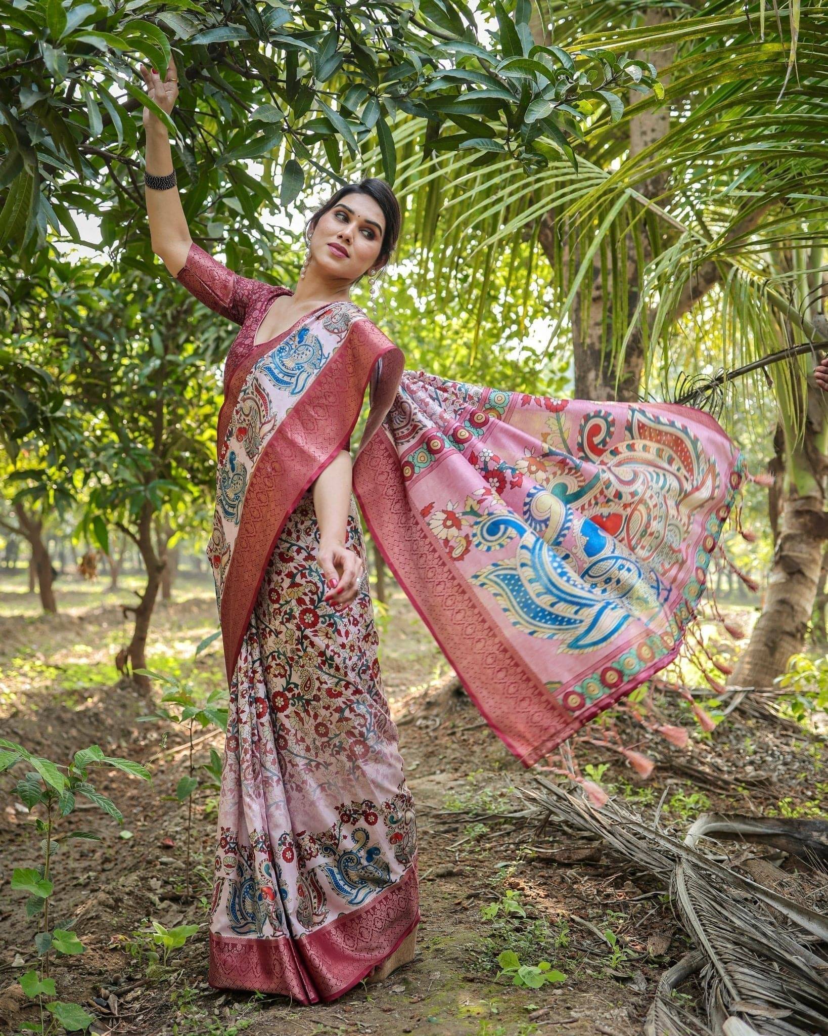 Blush Pink Pure Tussar Silk Saree with Zari Woven Maroon Border and Digital Prints