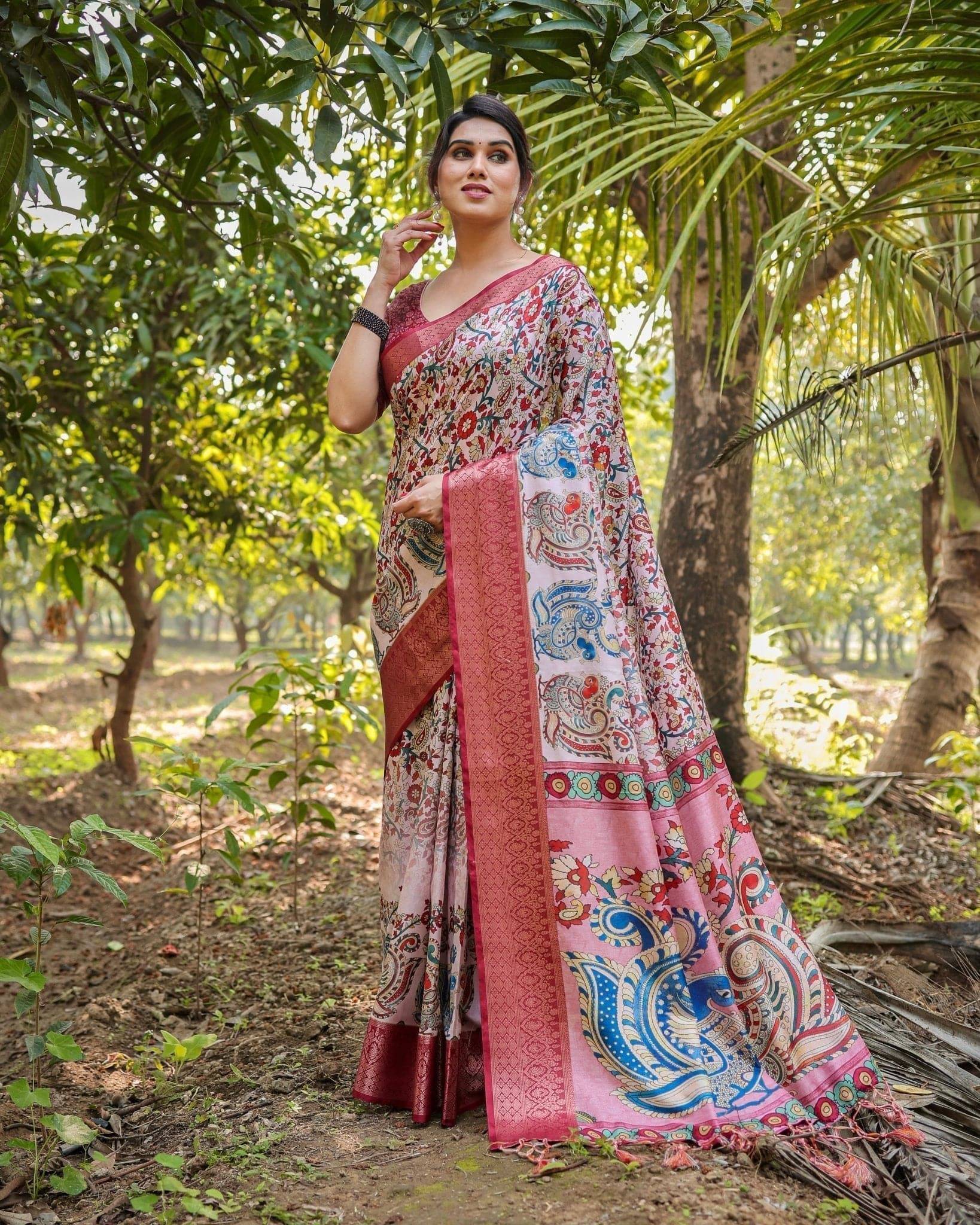 Blush Pink Pure Tussar Silk Saree with Zari Woven Maroon Border and Digital Prints