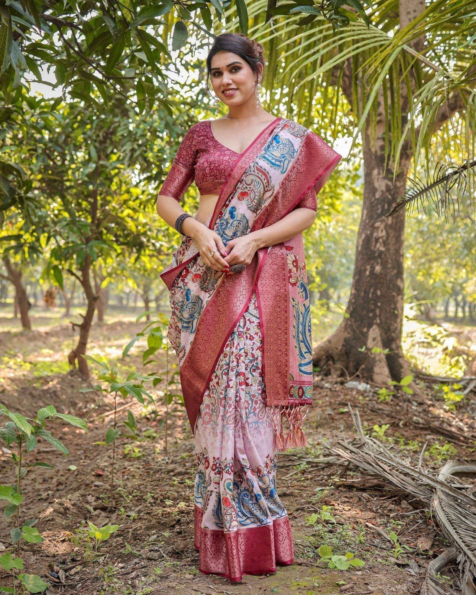 Blush Pink Pure Tussar Silk Saree with Zari Woven Maroon Border and Digital Prints