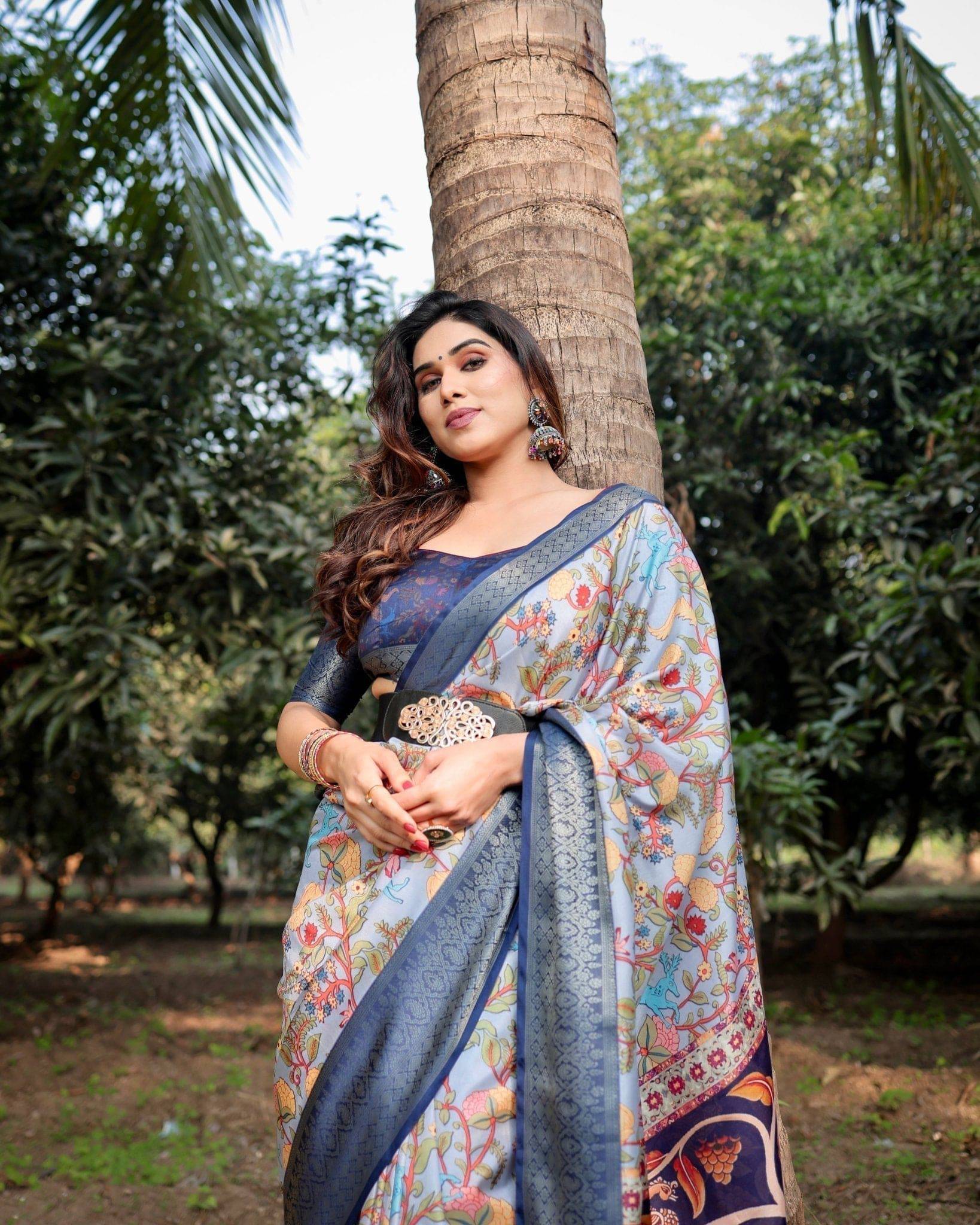 Sky Blue & Navy Tussar Silk Saree with Floral Digital Print, Zari Border & Tassel Pallu