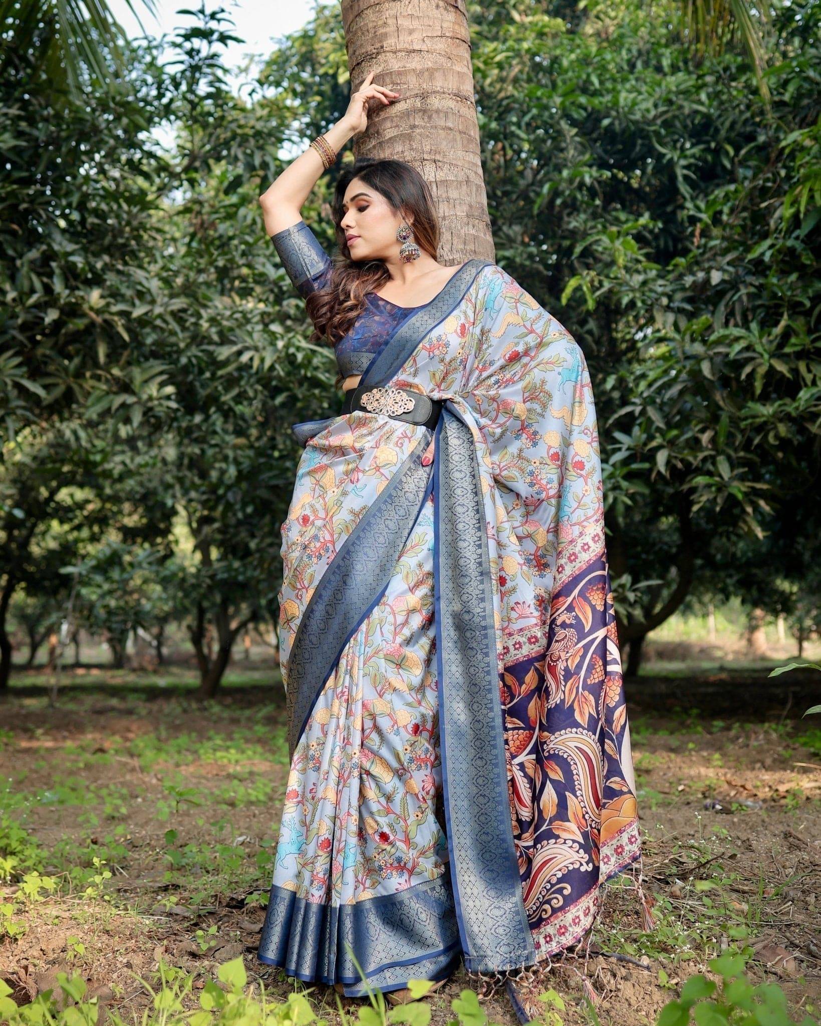 Sky Blue & Navy Tussar Silk Saree with Floral Digital Print, Zari Border & Tassel Pallu