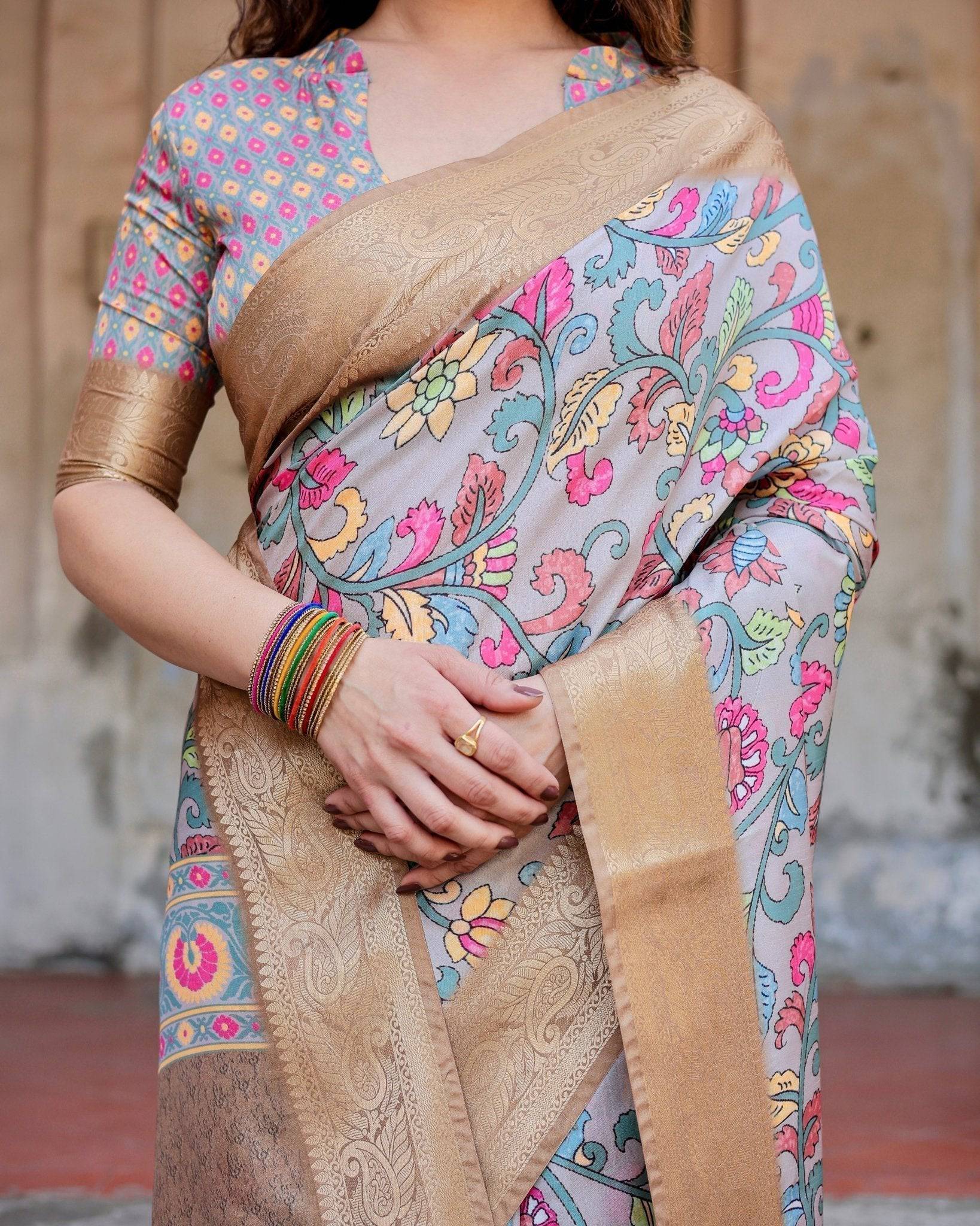 Elegant Gray Floral Digital Print Tussar Silk Saree with Zari Border & Ornamental Pallu