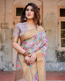 Elegant Gray Floral Digital Print Tussar Silk Saree with Zari Border & Ornamental Pallu