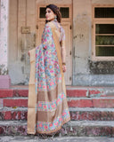 Elegant Gray Floral Digital Print Tussar Silk Saree with Zari Border & Ornamental Pallu