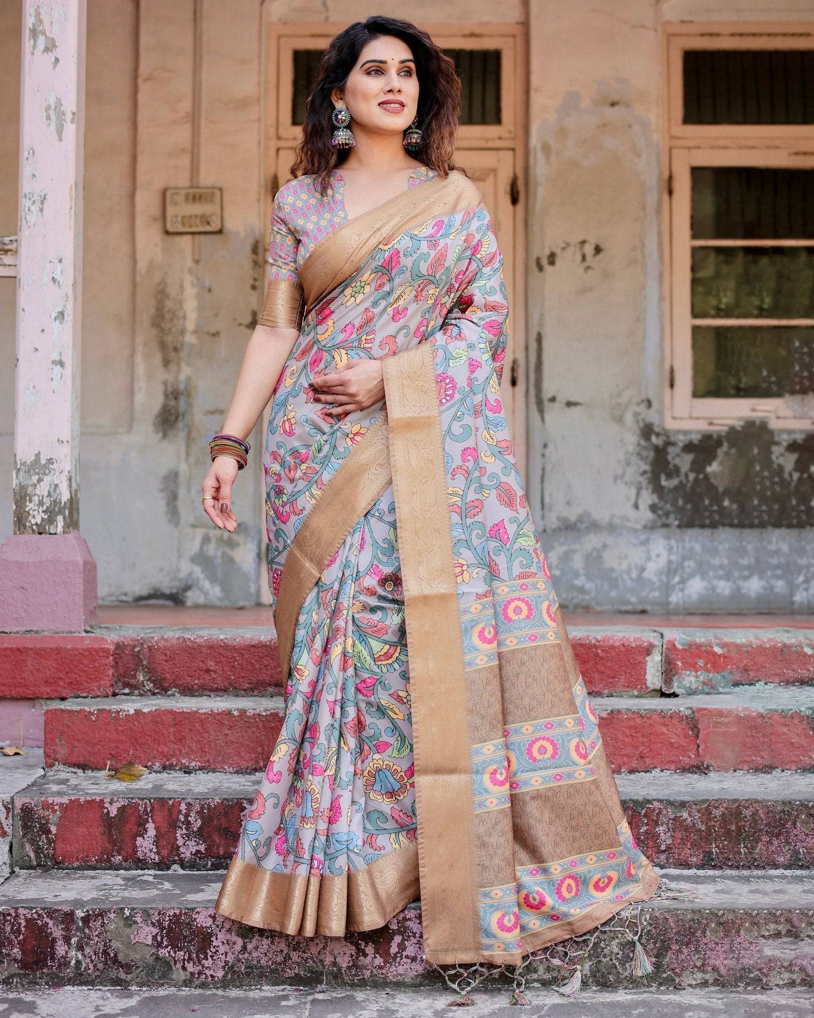 Elegant Gray Floral Digital Print Tussar Silk Saree with Zari Border & Ornamental Pallu