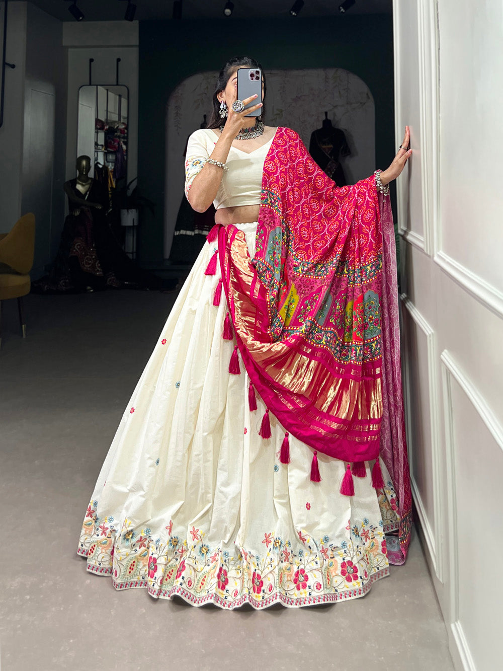 Flower Design Sequins And Thread Embroidery Work Khadi Cotton Chaniya Choli
