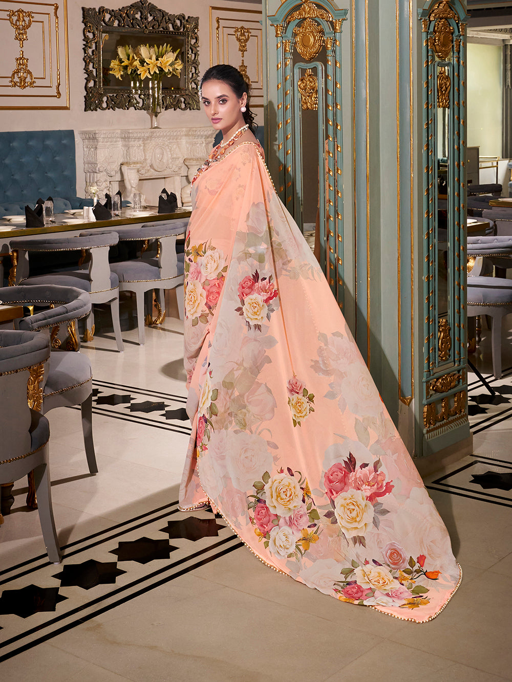 Lightweight peach georgette festive saree