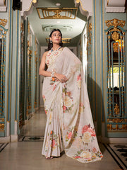 Off white printed saree with matching blouse fabric