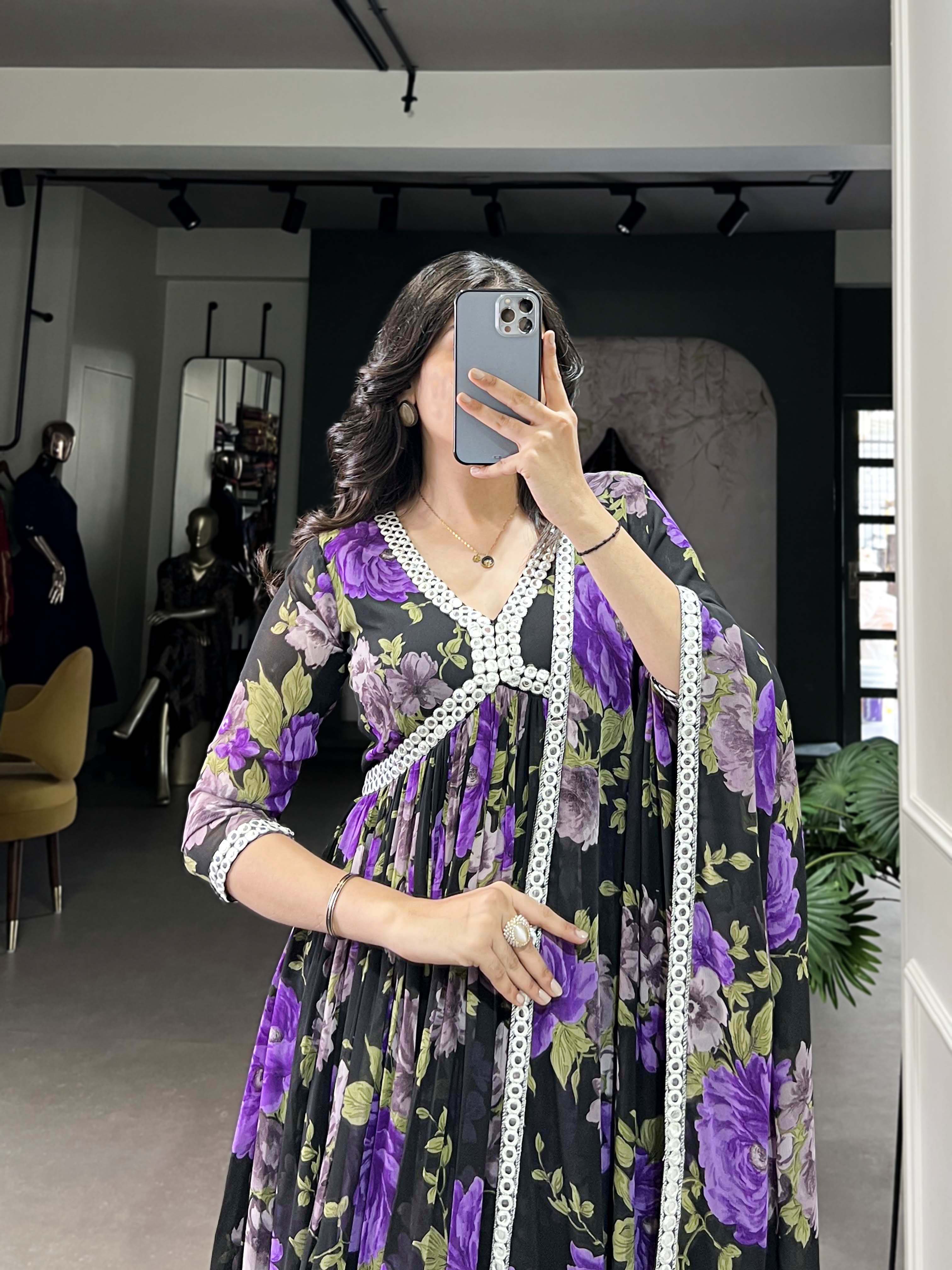 Purple Color Floral Printed And Paper Mirror Lace Georgette Gown