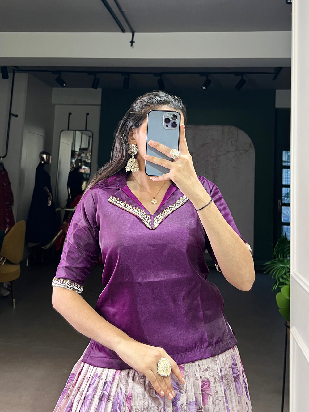 Semi-stitched purple lehenga with 3.80m flair