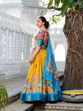 Yellow Color Printed (Kalamkari) With Zari Weaving Border Jacquard Silk Lehenga Choli