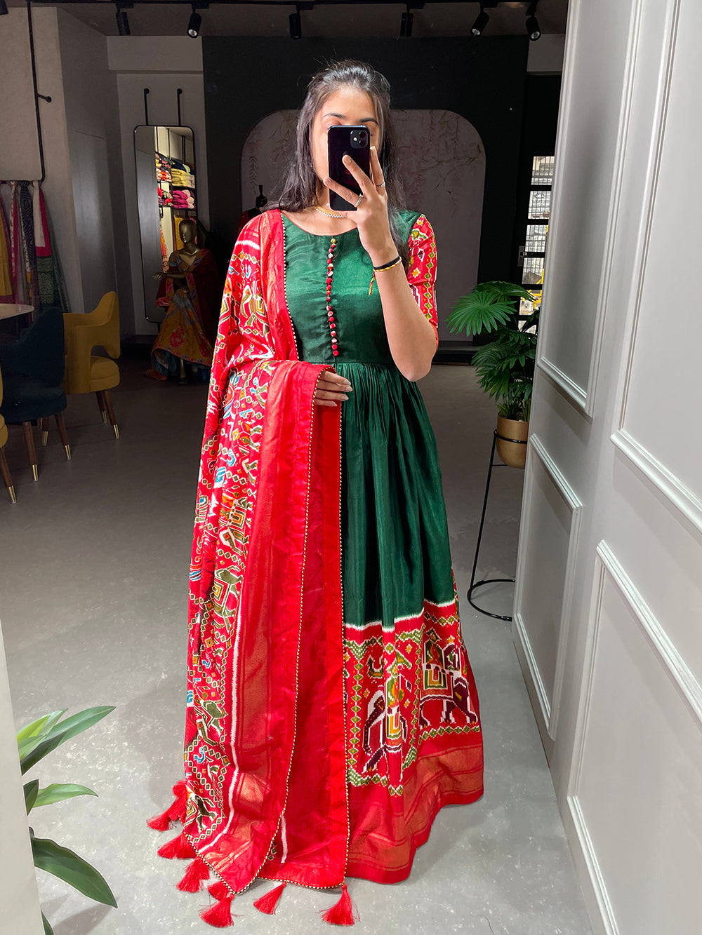 Green Color Patola And Foil Printed Dola Silk Dress