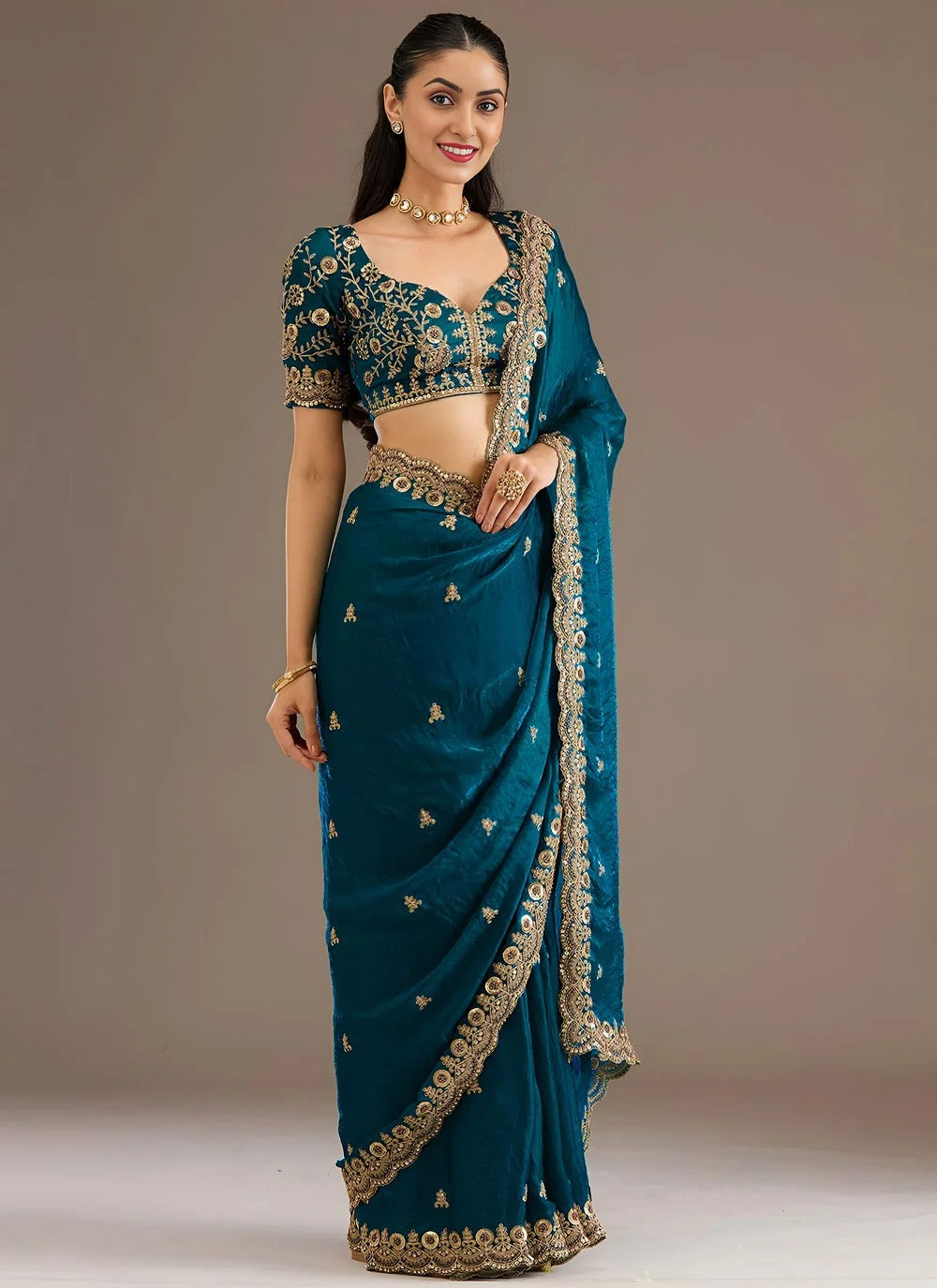 Premium Dove Blue Embroidered Party Wear Saree