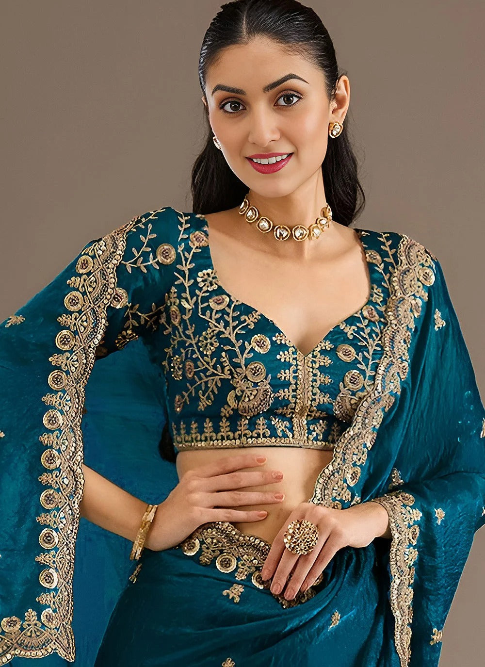 Elegant Dove Blue Wedding Guest Tissue Saree
