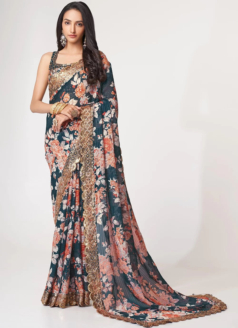 Dove Blue Organza Sequins Embroidered Digital Print Saree